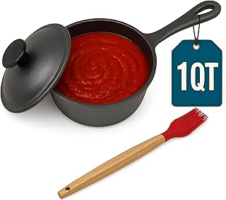 1 QT Cast Iron Sauce Pot with Lid & BBQ Brush for Basting, Melting, Simmering Sauce, Butter & Cheese - Built for Grilling, Smoking & Camping - Professional Grade - Max Heat Retention - 32 Oz Capacity
