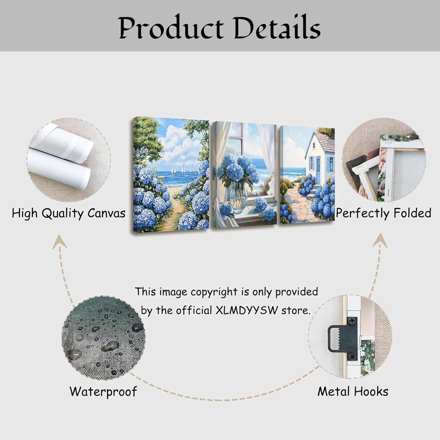 XLMDYYSW Hydrangea Wall Art Set of 3 Rustic Floral Canvas Print Blue Beach Seascape Painting Prints Coastal Artwork for Bathroom Living Room Bedroom Framed (Blue, 12.00" x 16.00" x 3PCS)