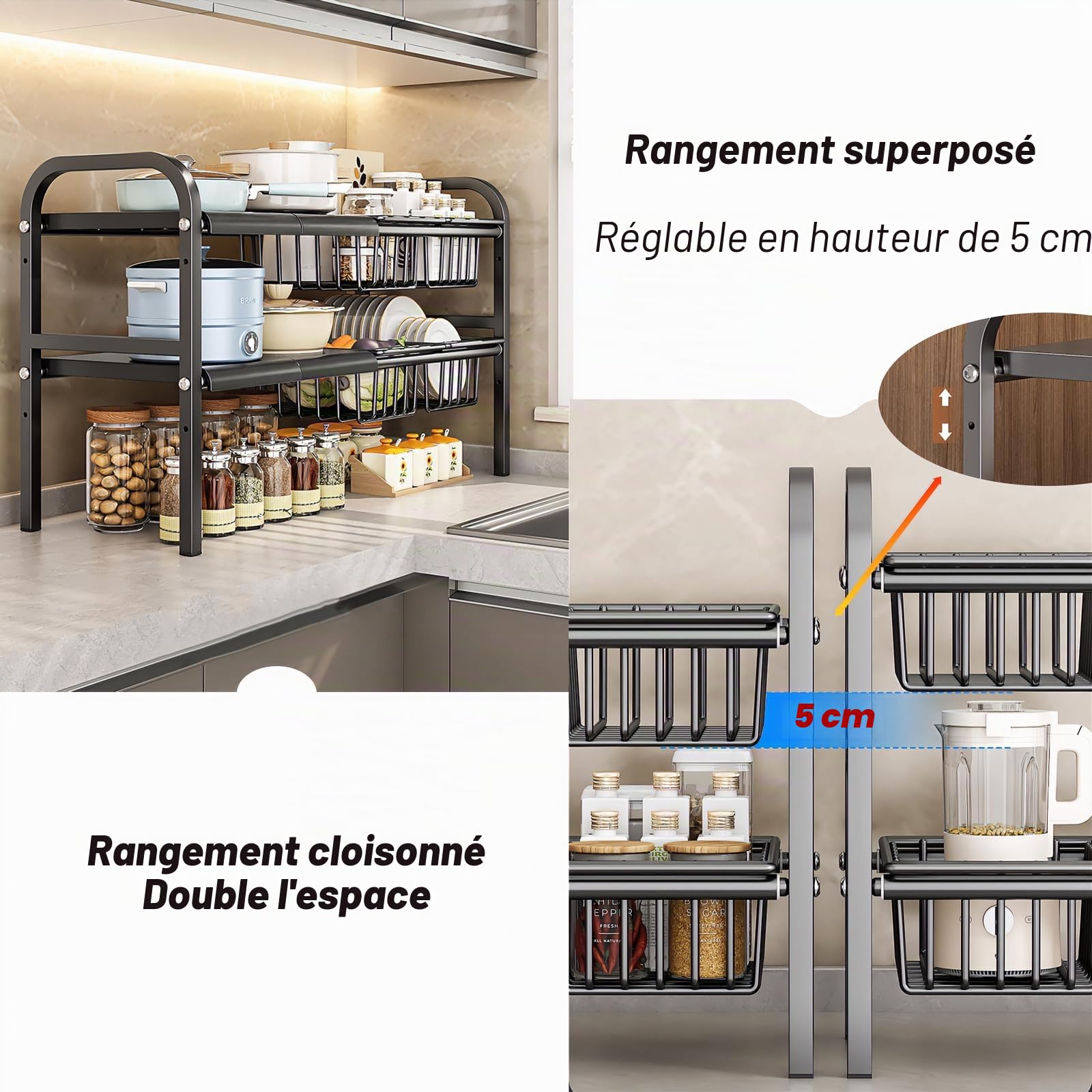 ViWaVee Rangement Sous Evier Extensible 53-93cm Organisateur Cuisine 4 Plateaux 4 Paniers Hauteur Réglable 5cm