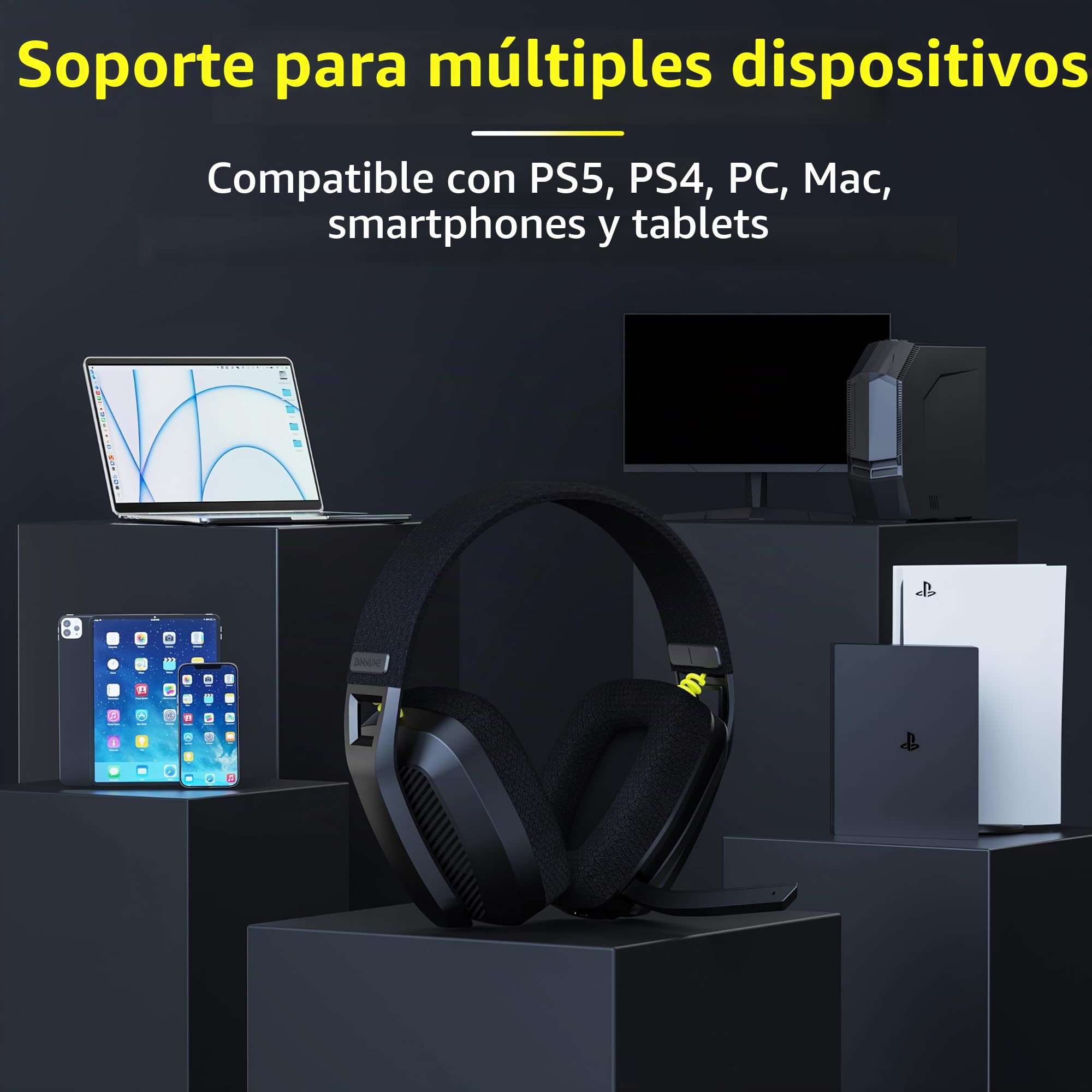 BINNUNE BW06 Cascos Gaming Inalambricos, Auriculares Gaming Inalambricos de 2.4G para PS5, PS4, PC, NS, Cascos PS5 con Sonido Estéreo Auriculares con Microfono, Duración 60Hr+,Negro