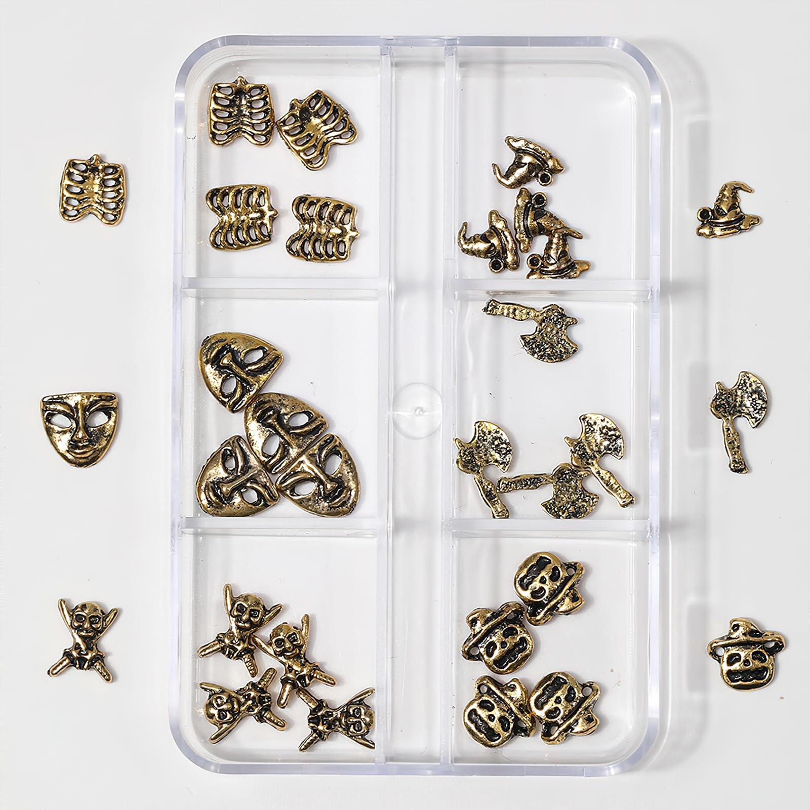 Mkwntg Halloween Nail Charms 3D Alloy Gold Nail Rhinestones Glossy Retro Pumpkin Hat Nail Gems Design Devil Skull Axe Nail Art Supplies for Women Girls DIY Manicure Craft Nail Art Decorations 30Pcs