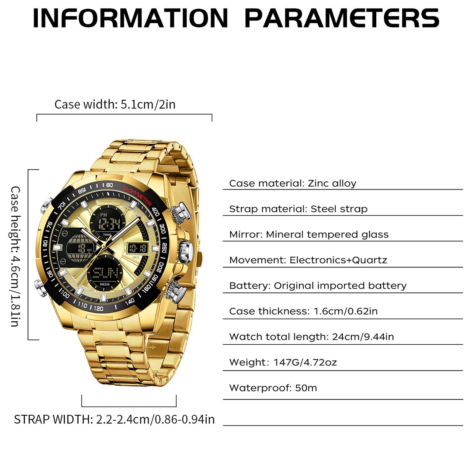 findtime Relojes de lujo para hombre, acero inoxidable, dorado, reloj de pulsera para hombre, con alarma, temporizador, fecha, cronómetro, resistente al agua, 5 ATM, reloj analógico digital para