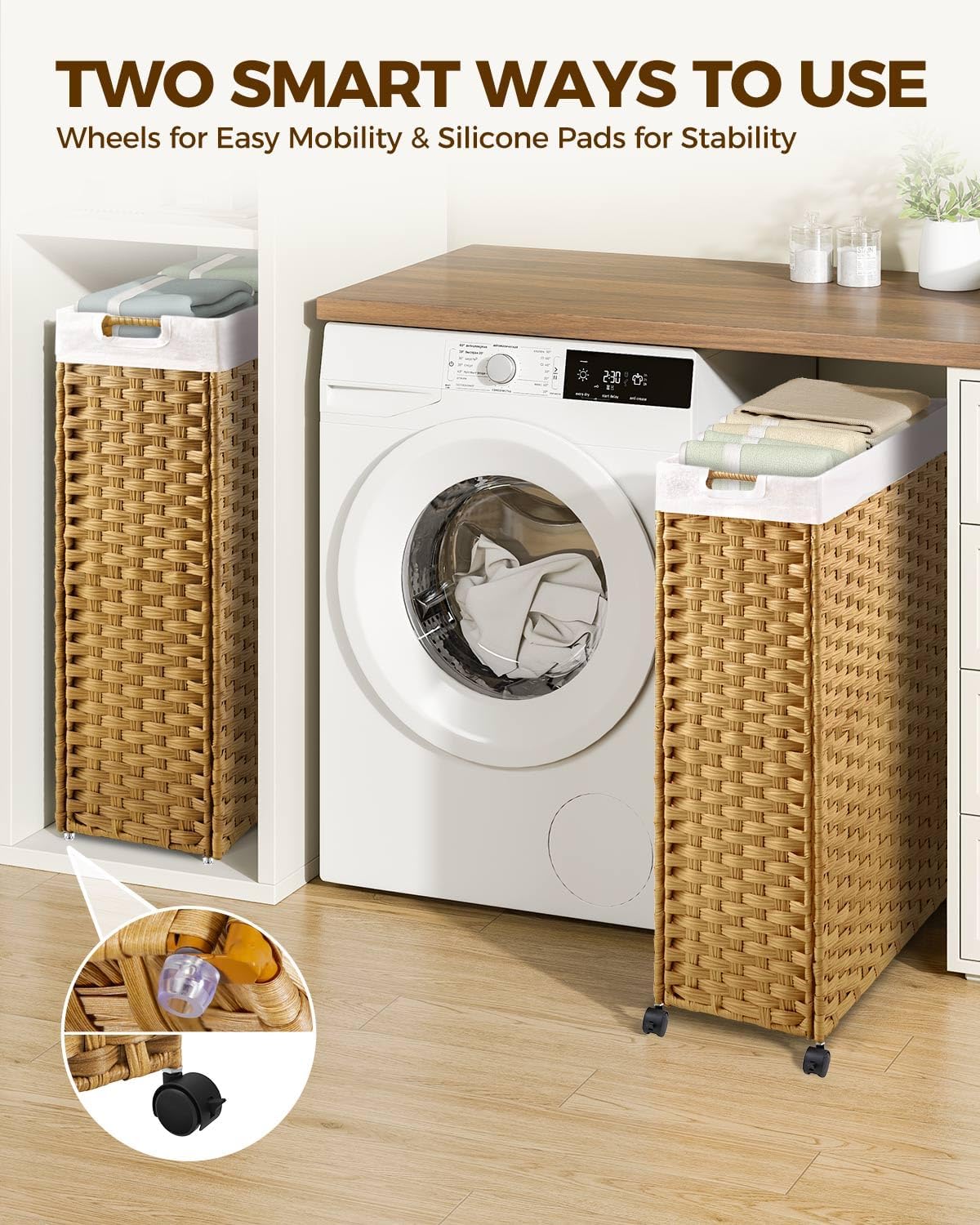 Greenstell Laundry Hamper with Wheels & Handles, 26.4 Gallon (100L) Slim Laundry Basket with 2 Removable Liner Bags & 2 Mesh Bags, Foldable Narrow Clothes Hamper for Bedroom, Bathroom, Closet, Natural