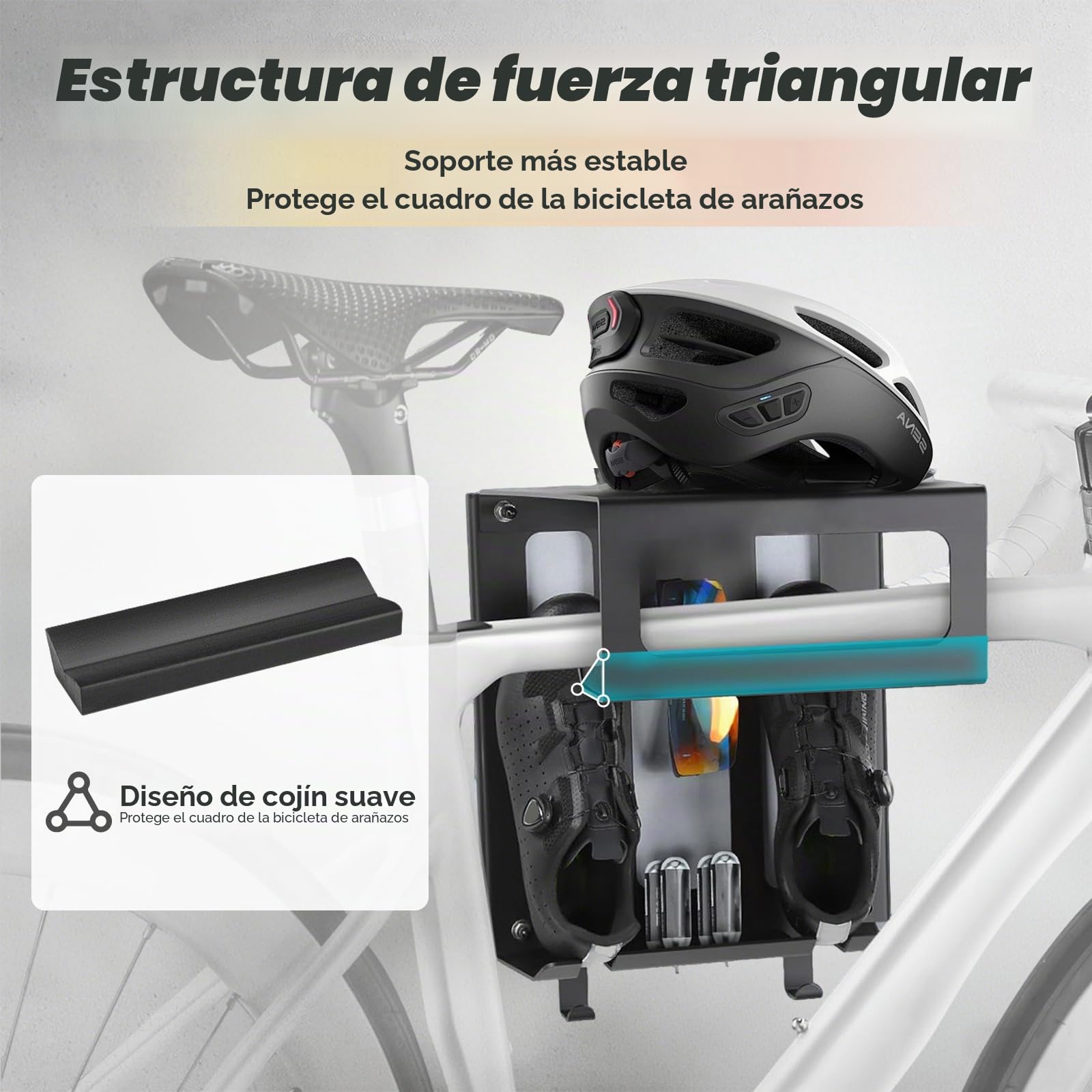 Soporte Bicicletas Pared, con Espacio para Casco y Zapatillas Carretera, Colgador Bicicleta Pared con 2 Correas, Soporte Bici Pared ideal como Estación de Reparación