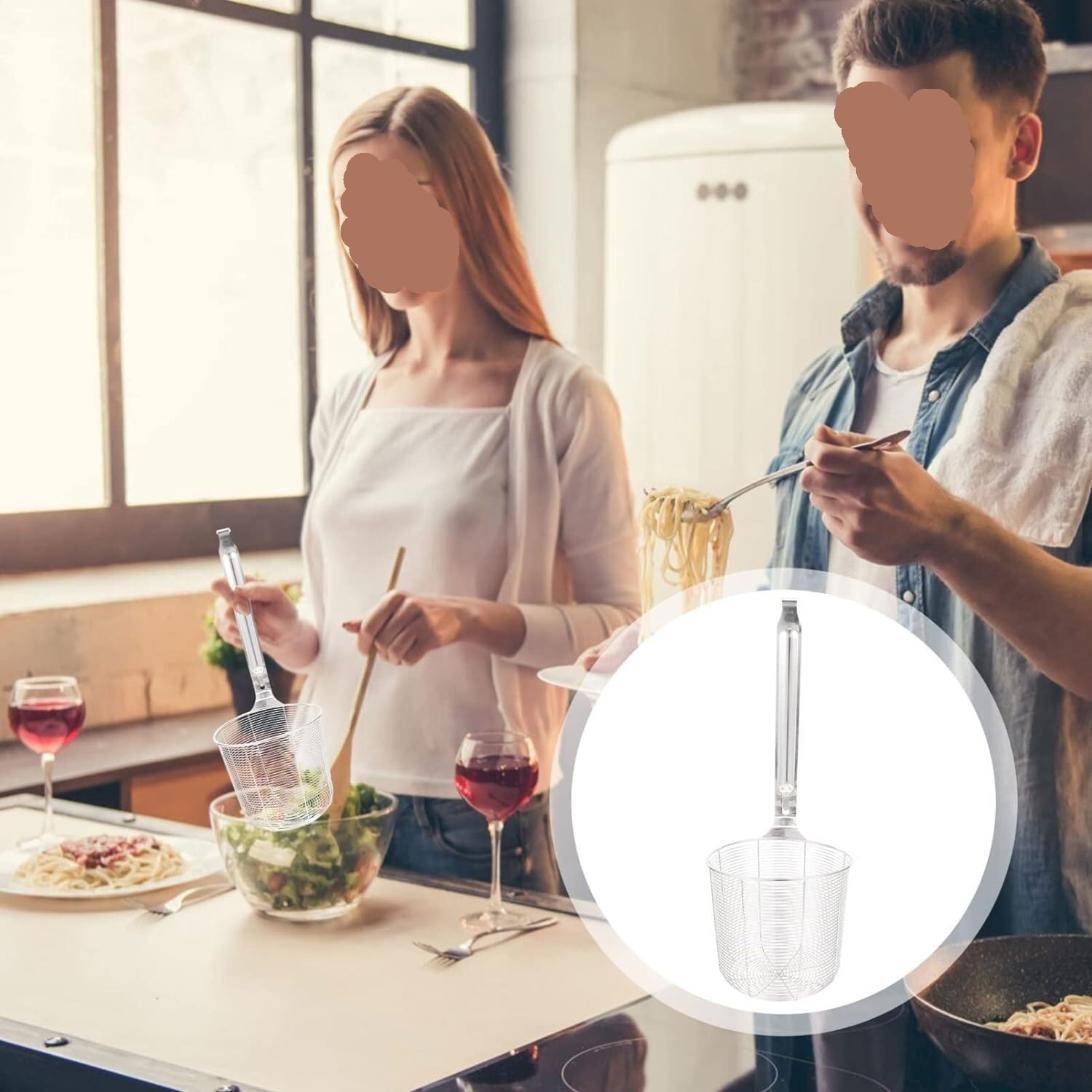 Sieb aus Edelstahl, 2 Stück, Nudelsieb aus Edelstahl, Siebkorb aus Netzgewebe mit Griff, feinmaschiges Nudelsieb, Hitzesieb, Körbe for Küchenutensilien