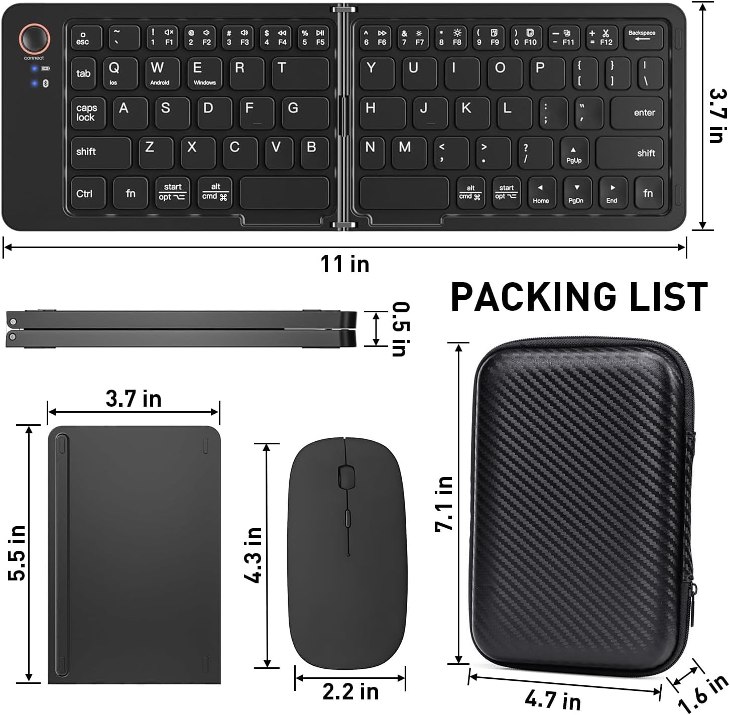 Foldable Keyboard and Mouse, Folding Keyboard Mouse Combo with Travel Case,Bluetooth Portable Mouse Keyboard for iPads Laptop Tablets-Black