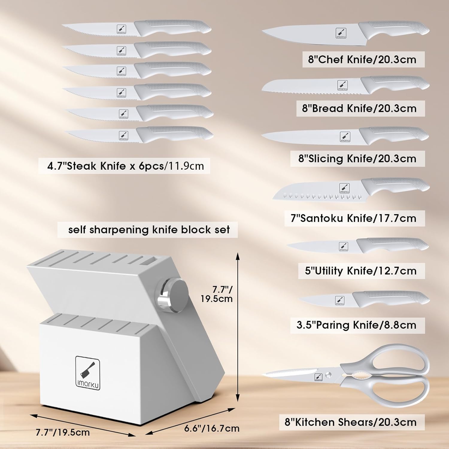 imarku® 14-Piece Kitchen Knife Set with Block and Sharpener, Professional Stainless Steel with Non-Slip Ergonomic Handle, Dishwasher Safe, Home Essential, Gray-White - Image 7