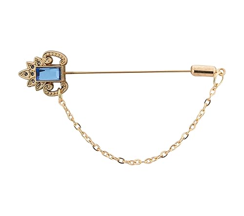 Knighthood Crowned Blue Stone with Hanging Metal Chain Lapel Pin for Men