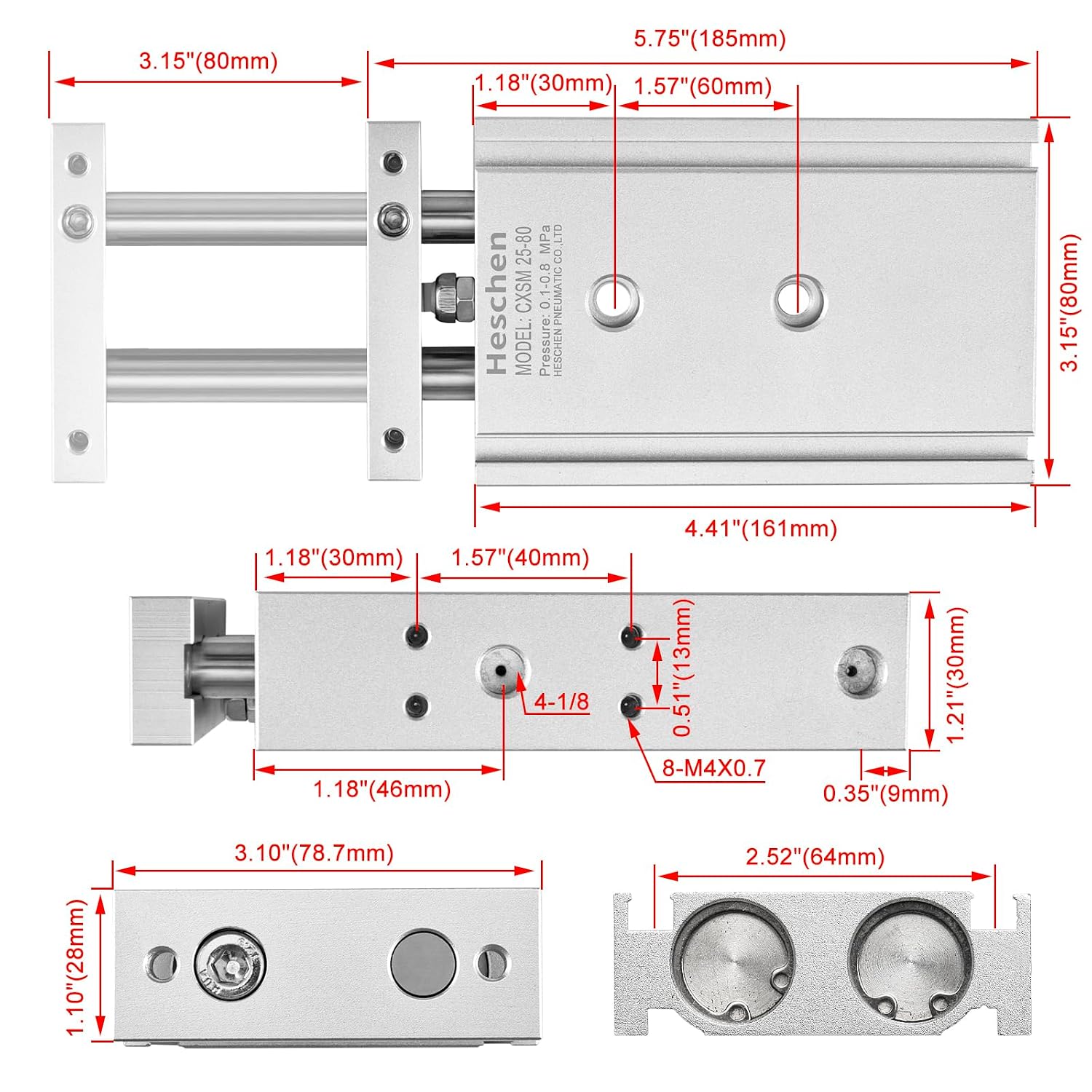 Heschen CXSM 25-80 Dual Rod Air Cylinder, 25mm Bore x 80mm Stroke, Guided Pneumatic Actuator with Magnet, Double Acting Slide Bearing, PT 1/8 Port, Industrial Automation Replacement