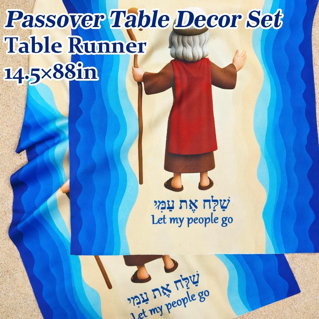 Passover Decorations Set – 9PCS Double-Sided Wooden Passover Figurines with Thick Base, Red Sea Scene Centerpiece & 88 Inch Thickened Table Runner, Passover Seder Table Decor