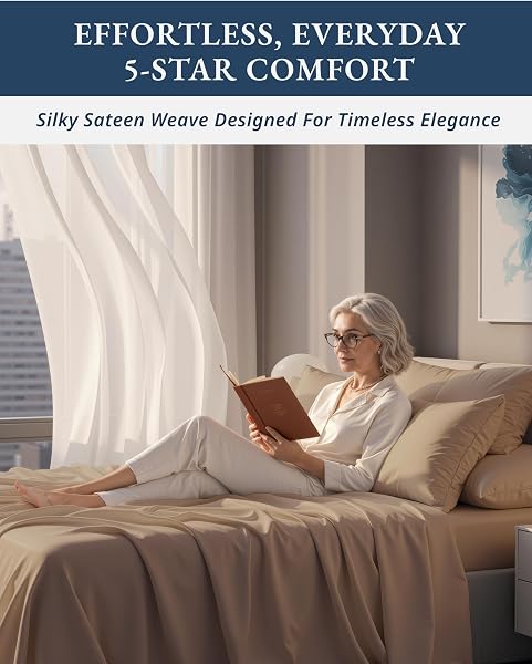 100% Egyptian Cotton Sheet Set Queen Size β Silky Sateen Weave Queen Sheet Set for Winter Sleep Comfort, 15" Snug Fit Deep Pocket, Breathable & Durable, Hotel-Quality Soft Luxury You Can Feel - Taupe - 5