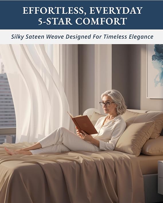 LANE LINEN 100% Egyptian Cotton King Sheet Set Naturally Cooling & Breathable Sateen 4 Piece King Sheets, Authentic Long-Staple Cotton for Lasting Softness, Snug Fit 15 Deep Pocket Fitted - Taupe