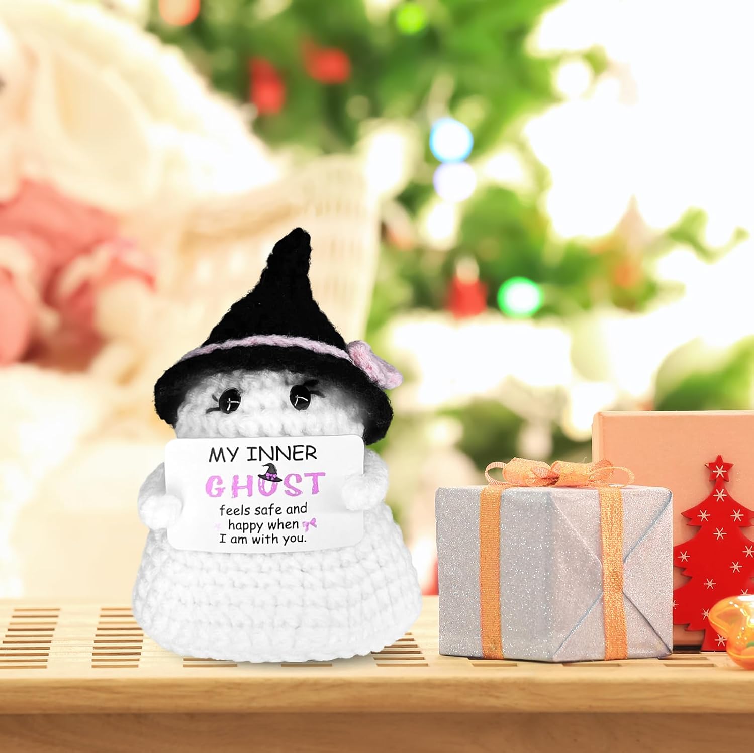 Halloween Ghost Crochet Doll with Positive Card-Cute Knitted Ghost Fun Gifts for Halloween & Thanksgiving Inspirational Card Emotional Support Ornaments for Room Office Desktop Decoration - Image 5