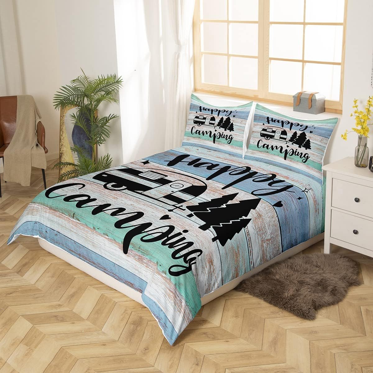 Rustic Farmhouse Style Bedding Set 3 pieces,Old Barn Door Comforter Cover for Boys Girls,Happy Camping Black Sketch Drawing Ultra Soft Duvet Cover Decor,Double Size Quilt Cover - Image 3