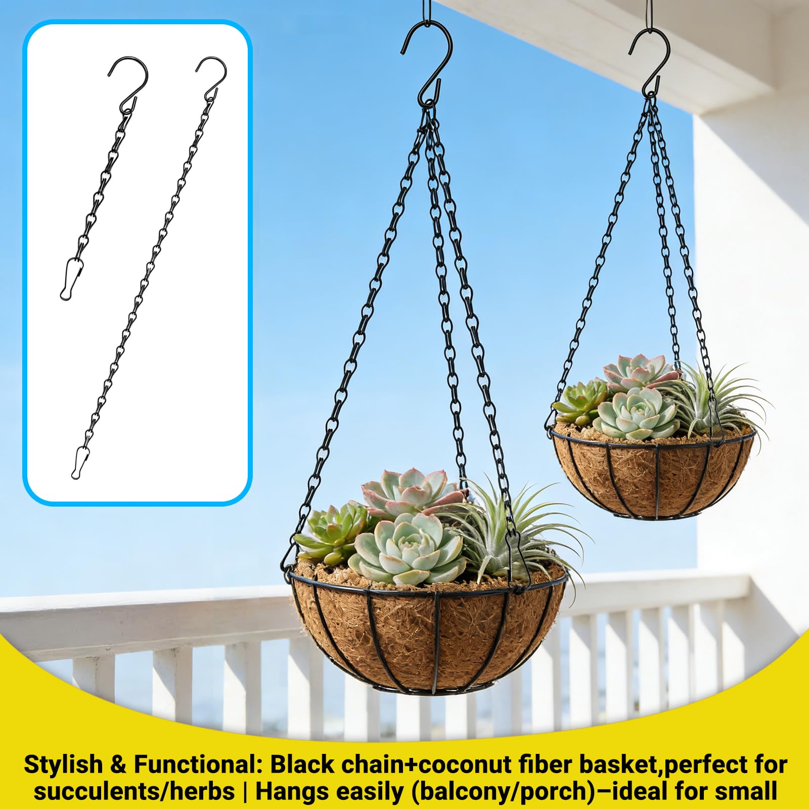 Cadenas Colgantes para macetas 6 Unidades 4x50cm y 2x25cm Negras, Ganchos y Anillas Ajustables para Colgar Plantas, faroles y comederos, Uso Interior y Exterior jardín terraza