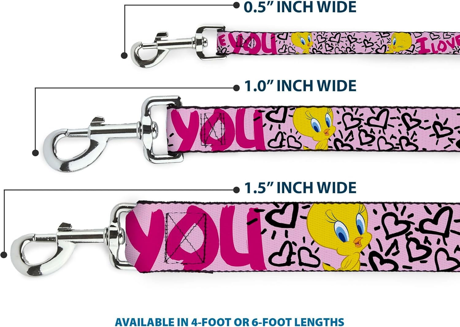 Buckle-Down Pet Leash - Tweety Bird I LOVE YOU Pink/Black - 4 Feet Long - 1.5" Wide