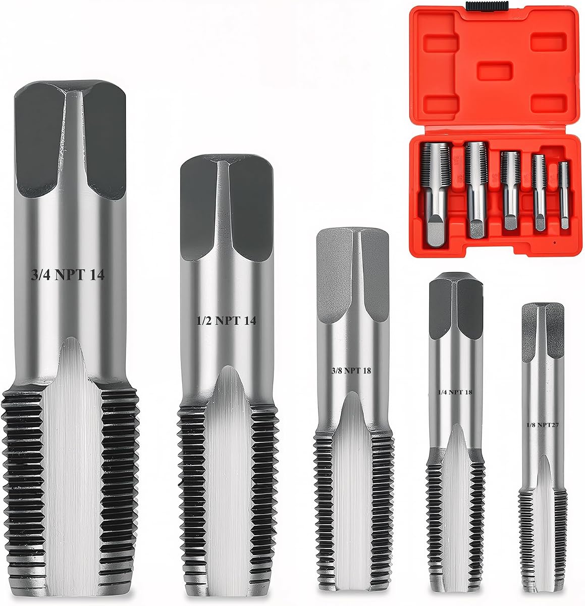 Professional 5 Piece NPT Pipe Tap Set, Carbon Steel NPT Thread Forming Taps and Drill Bits Series Set Tool, Sizes Includes 1/8", 1/4", 3/8", 1/2", 3/4" in Storage Case | Threading, Cleaning and Rethreading Damaged Pipe Threads, for Plumbers, Mechanics and Diy, with Storage Box