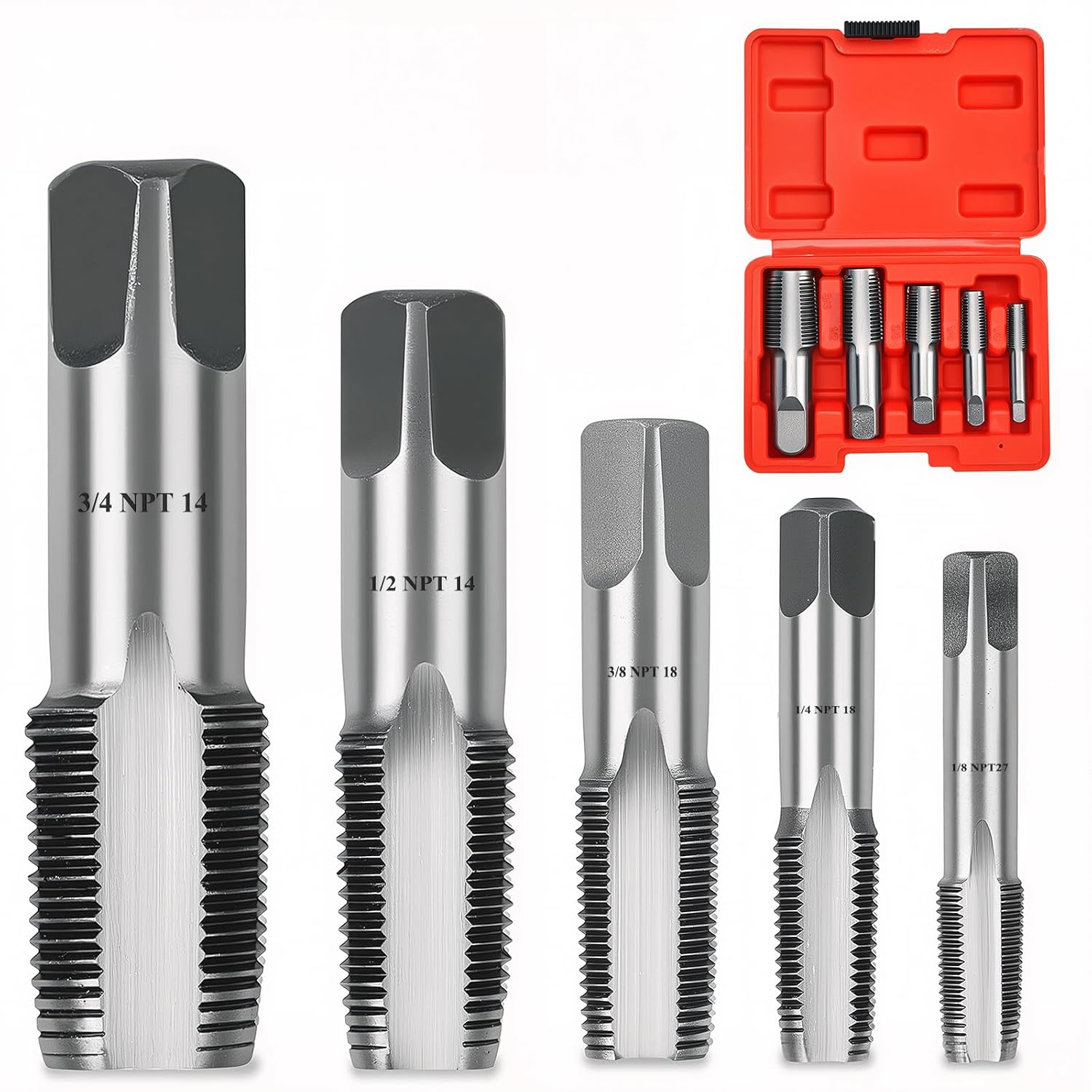 Professional 5 Piece NPT Pipe Tap Set, Carbon Steel NPT Thread Forming Taps and Drill Bits Series Set Tool, Sizes Includes 1/8", 1/4", 3/8", 1/2", 3/4" in Storage Case