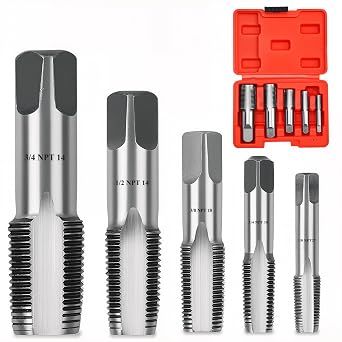 Professional 5 Piece NPT Pipe Tap Set, Carbon Steel NPT Thread Forming Taps and Drill Bits Series Set Tool, Sizes Includes 1/8", 1/4", 3/8", 1/2", 3/4" in Storage Case | Threading, Cleaning and Rethreading Damaged Pipe Threads, for Plumbers, Mechanics and Diy, with Storage Box