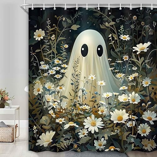 Miniatura 4 de Cortina de ducha de Halloween, cortina de baño espeluznante, fantasma, linda y divertida, juego de decoración de baño con ganchos, 72 x 72 pulgadas