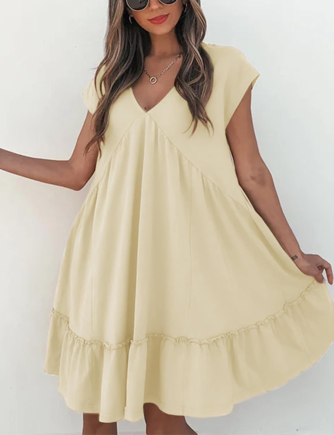 APAFES Women's Summer Dress A Line V-Neck Ruffle Hem Sundress Flowy Swing Mini Dress with Pockets(Beige-XS) - Image 8