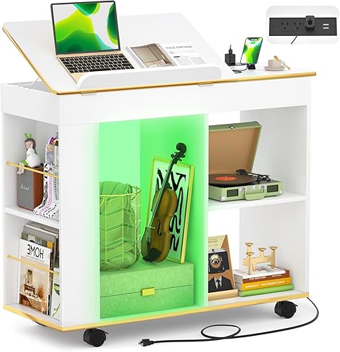 Cyclysio Mesa auxiliar ajustable, mesa auxiliar de 34 pulgadas con tomas de corriente y luces LED, mesas auxiliares rodantes con ruedas, mesita de