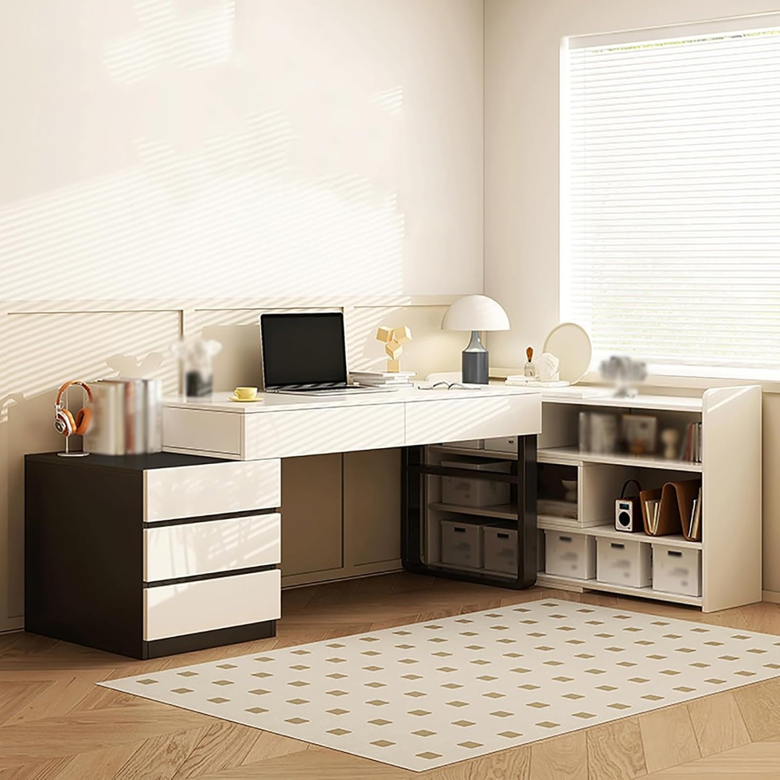 SXZenSpace Modern Office Computer Desk, Expandable Vanity with Drawers and Storage cabinets, Writing Desk Workstation, Study Metal Legs, Suitable for Study, Bedroom, Living Room B,80CM