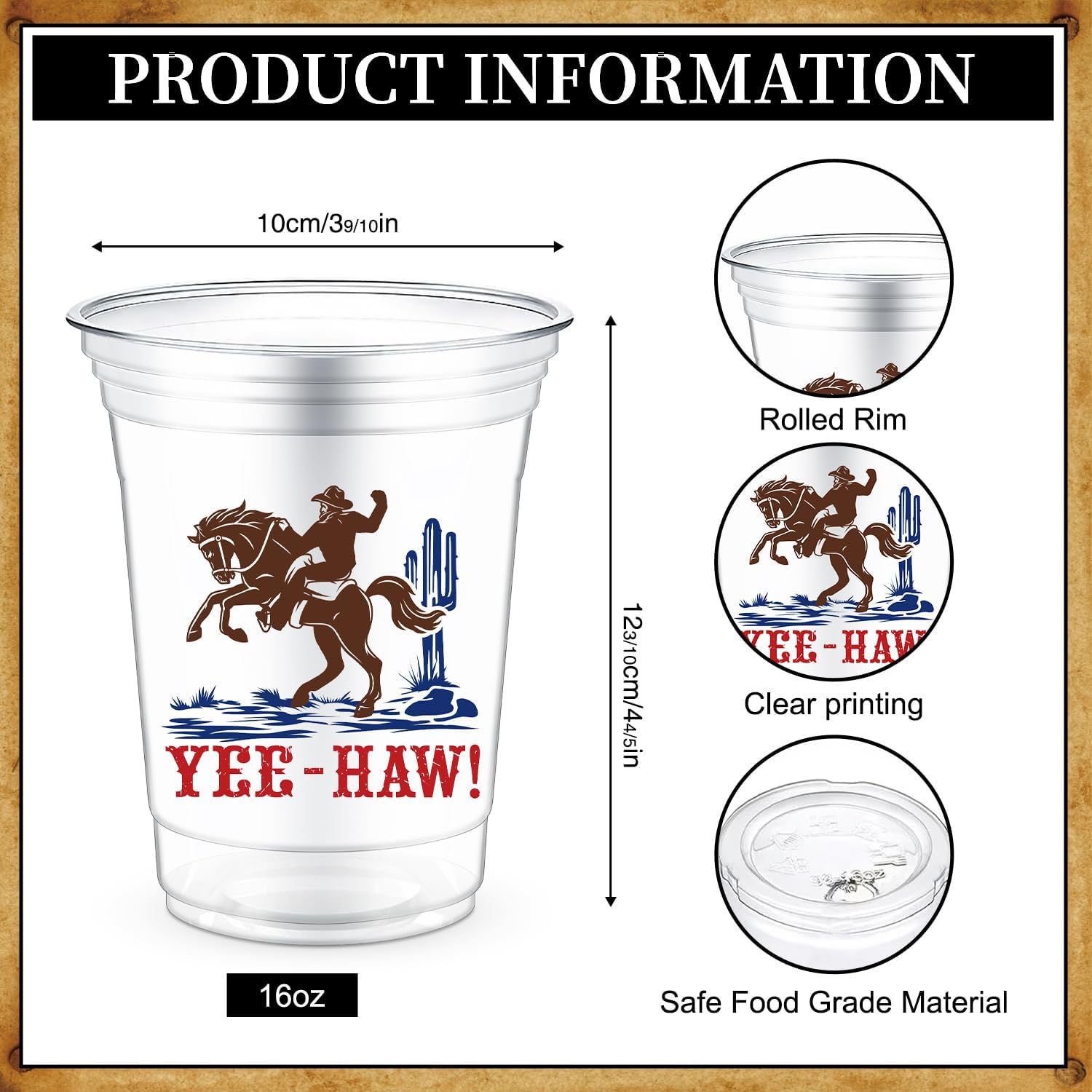 M AMFEOV 60 Pcs Cowboy Party Decorations Plastic Cup, 16 oz Cowboy Cups, Western Party Decorations Disposable Beer Cups for Western Rodeo Themed party - Image 2