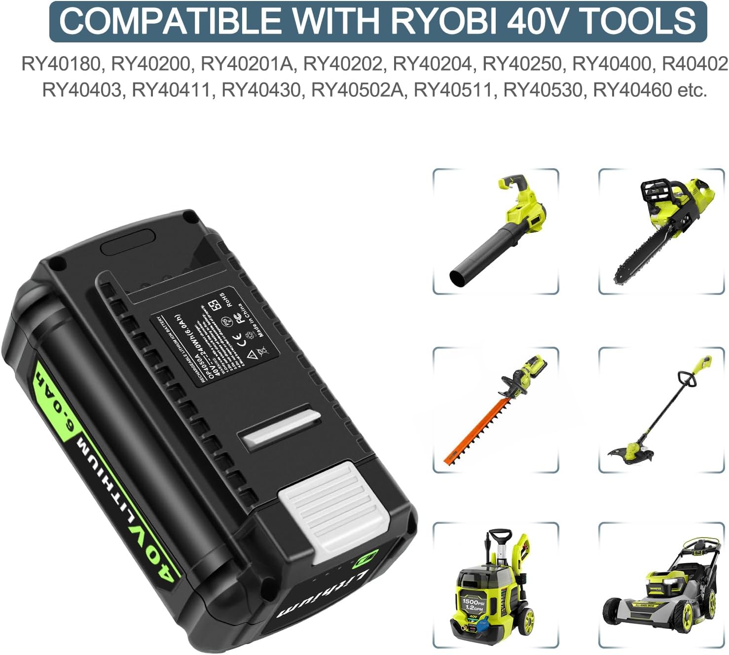 ADVTRONICS 40V 6.0Ah Lithium-Ion Replacement Battery Compatible with Ryobi 40 Volt Cordless Tools Battery OP4015 OP4026 OP40201 OP40261 OP4030 OP40301 OP4040 OP40401 OP4050 OP4050A OP40501 OP40601