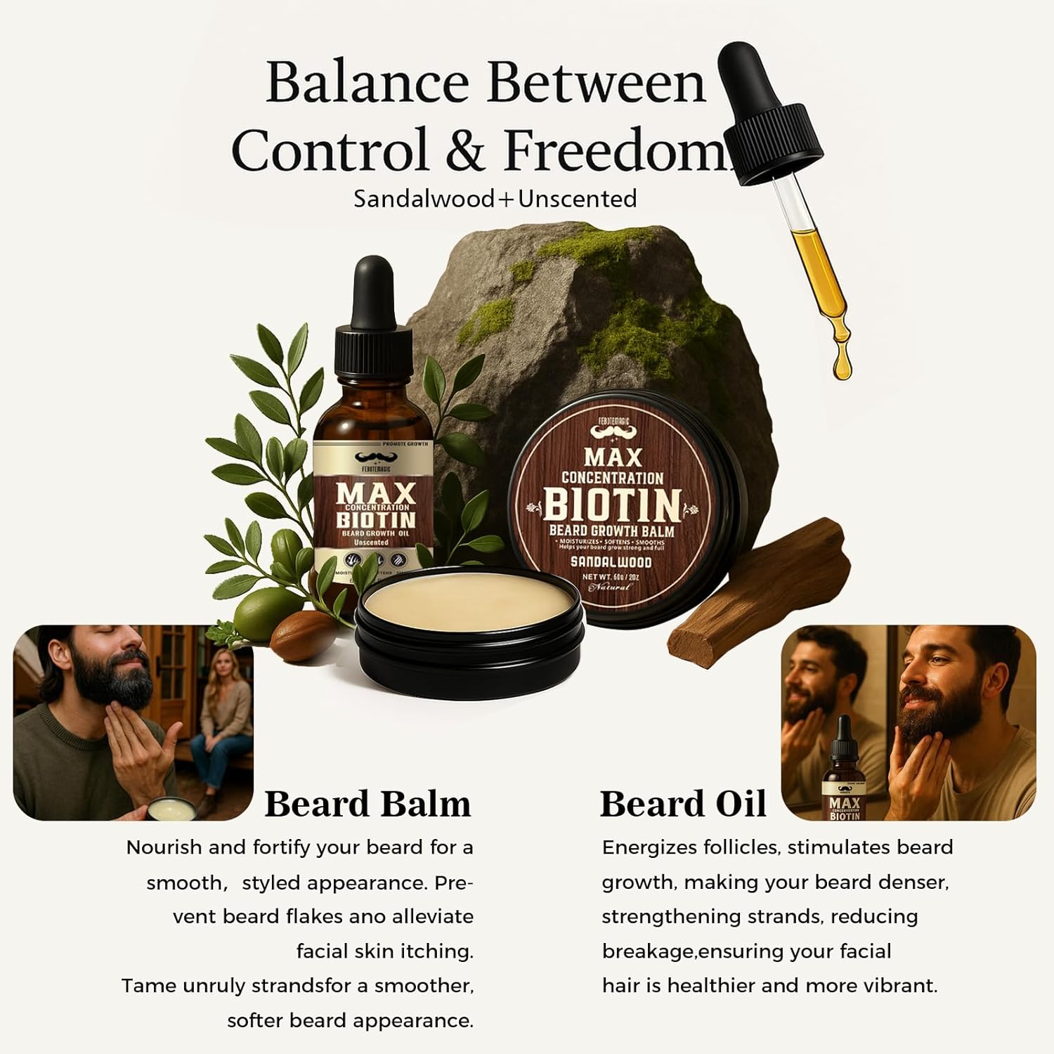 4X Concentration Biotin Beard Kit for Men – Unscented Oil & Sandalwood Balm Set (2 Pack) – Moisturizes, Softens & Promotes Growth – Premium Beard Grooming Gift for Father’s Day or Him - Image 6