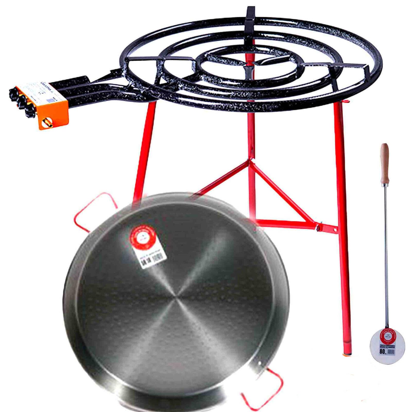 Cooking Set for Outdoor Garden kit 70 cm Pan Polished Steel, 70cm Gas Burner, Reinforced Trippod, 60cm Spoon