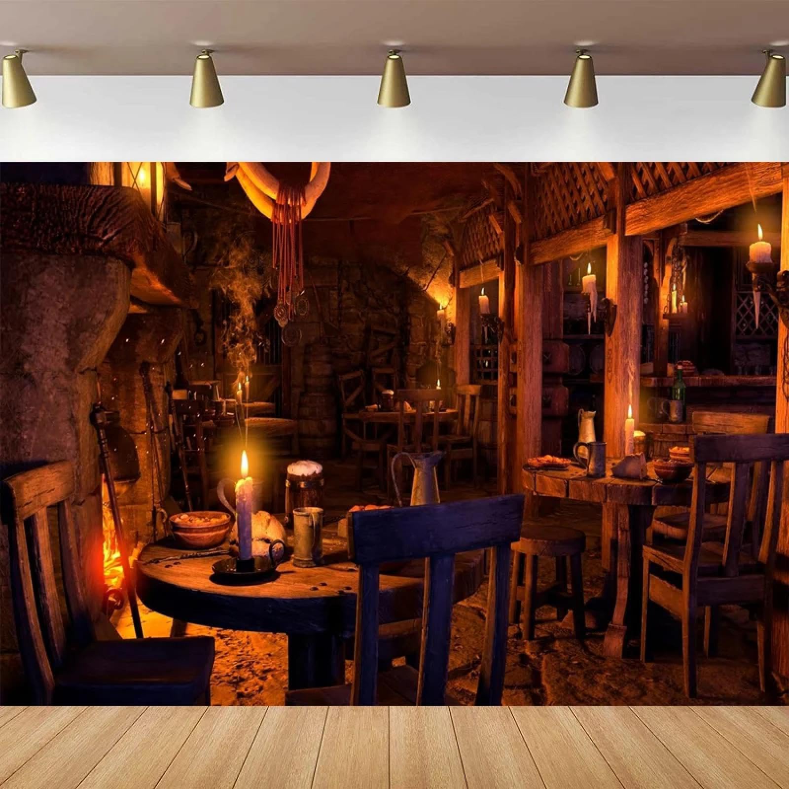 Średniowieczna tawerna fotografia tło do drewnianego wnętrza świeca światło kominek starożytna tawerna zajazd bar restauracja tło 300 x 200 cm