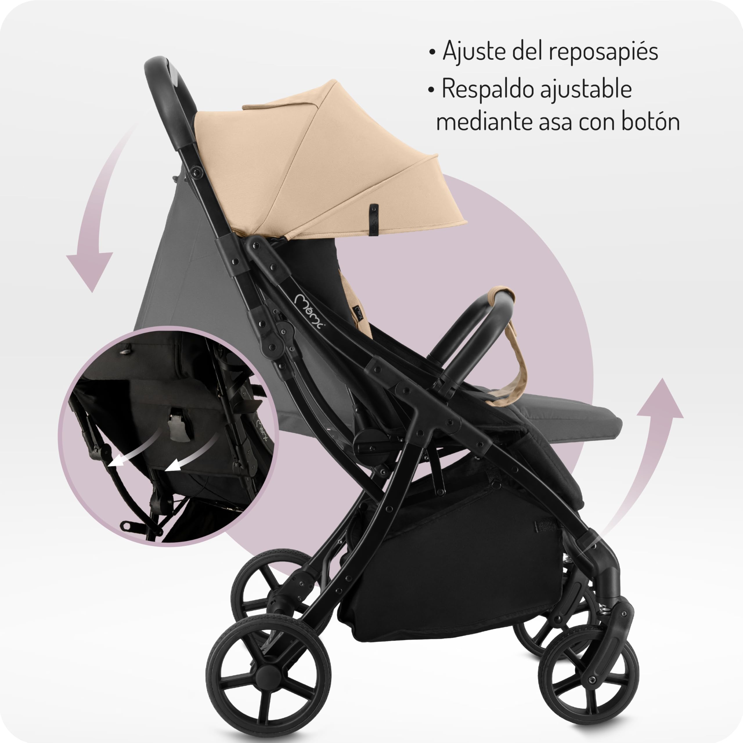 MoMi PAOLA Silla de Paseo Ligera y Compacta hasta 22 kg, Plegado Automático, Arnés de 5 Puntos, Ruedas con Suspensión, Cesta de Almacenamiento, Portavasos