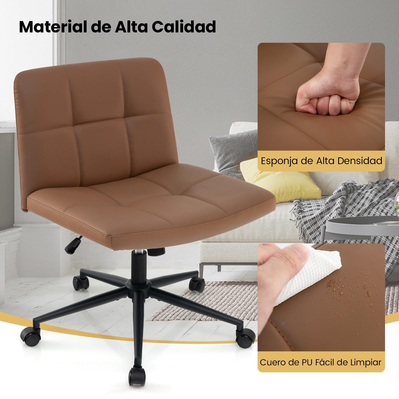 COSTWAY Silla Escritorio sin Brazos, Tapizada de Cuero de PU, Silla Oficina con Ruedas, Inclinable y Altura Ajustable, Silla Tocador Estudio Dormitorio Oficina, 70 x 70 x 79-87 cm (marrón)