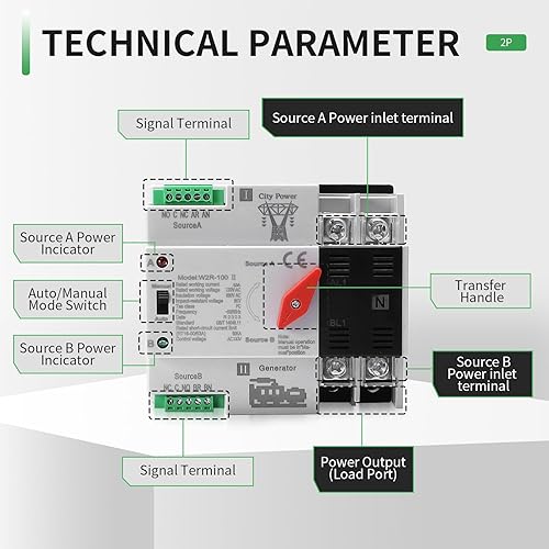 Miniatura 48 de 100Amp AC110V Interruptor de transferencia automática/manual 2P 50/60Hz, 2POLE 100A Mini ATS Solar Auto Dual Power Switch para generador doméstico