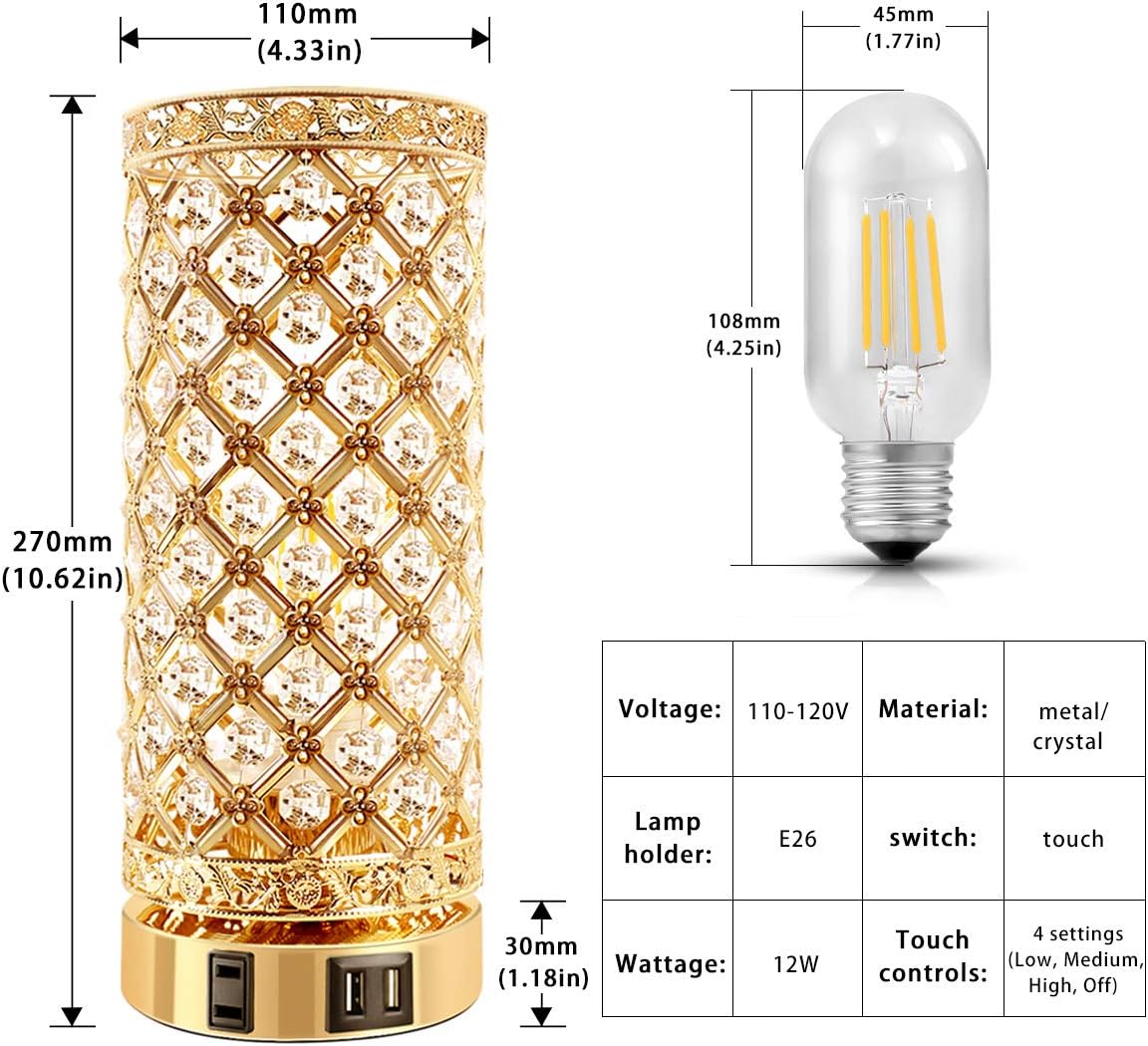 Rеvіеw Touch Control Crystal Table Lamp with Dual USB Ports, 3-Way Dimmable Gold Lamp, USB Bedside Light with Crystal Shade, Girls Lamp for Bedroom, Modern Nightstand Lamps for Bedroom Living Room