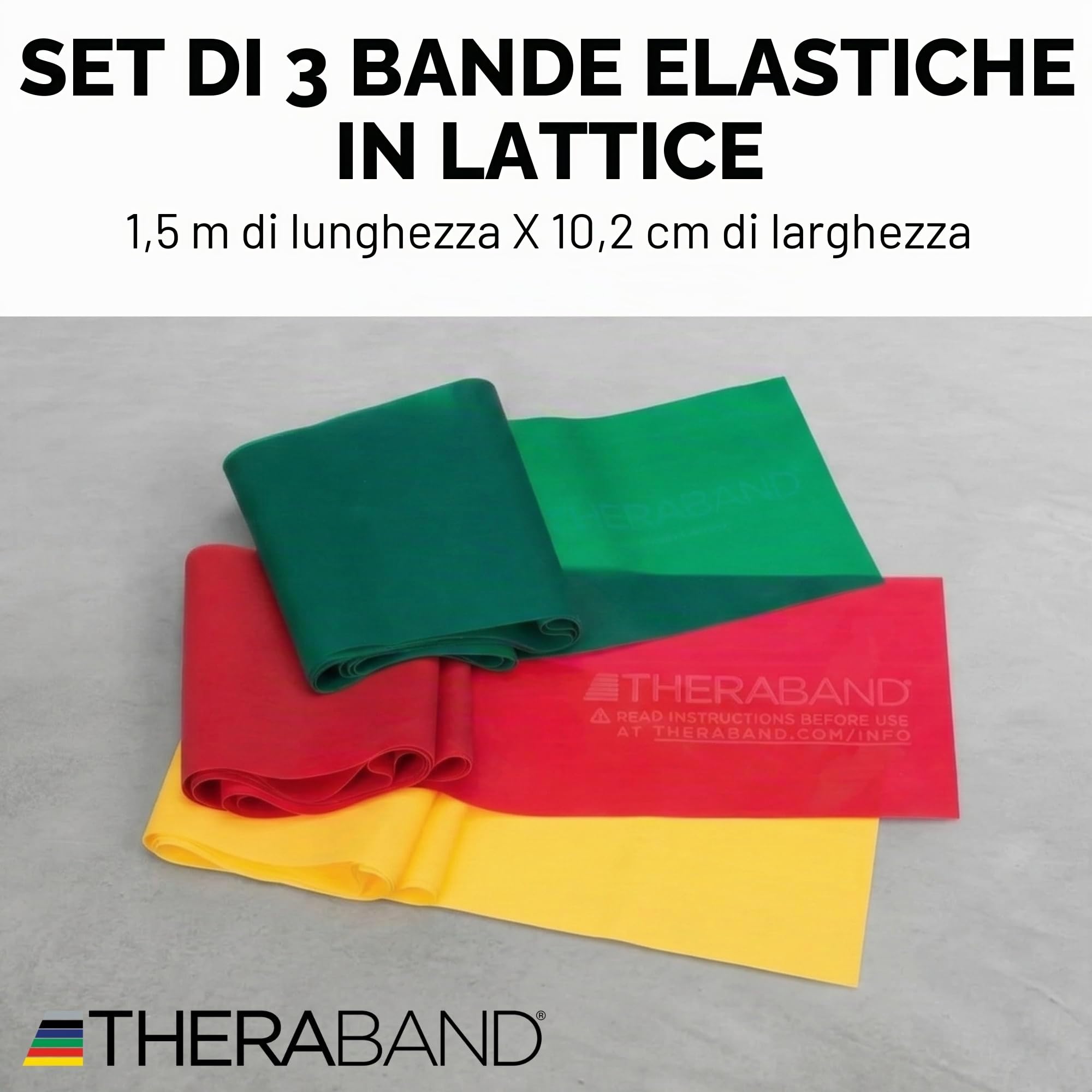 TheraBand Set da 1,50 m, Fascia da Fitness, Fascia Elastica per Allenamento del Corpo, Fascia di Resistenza, Fasce di Allenamento per la casa, Accessori per Il Fitness