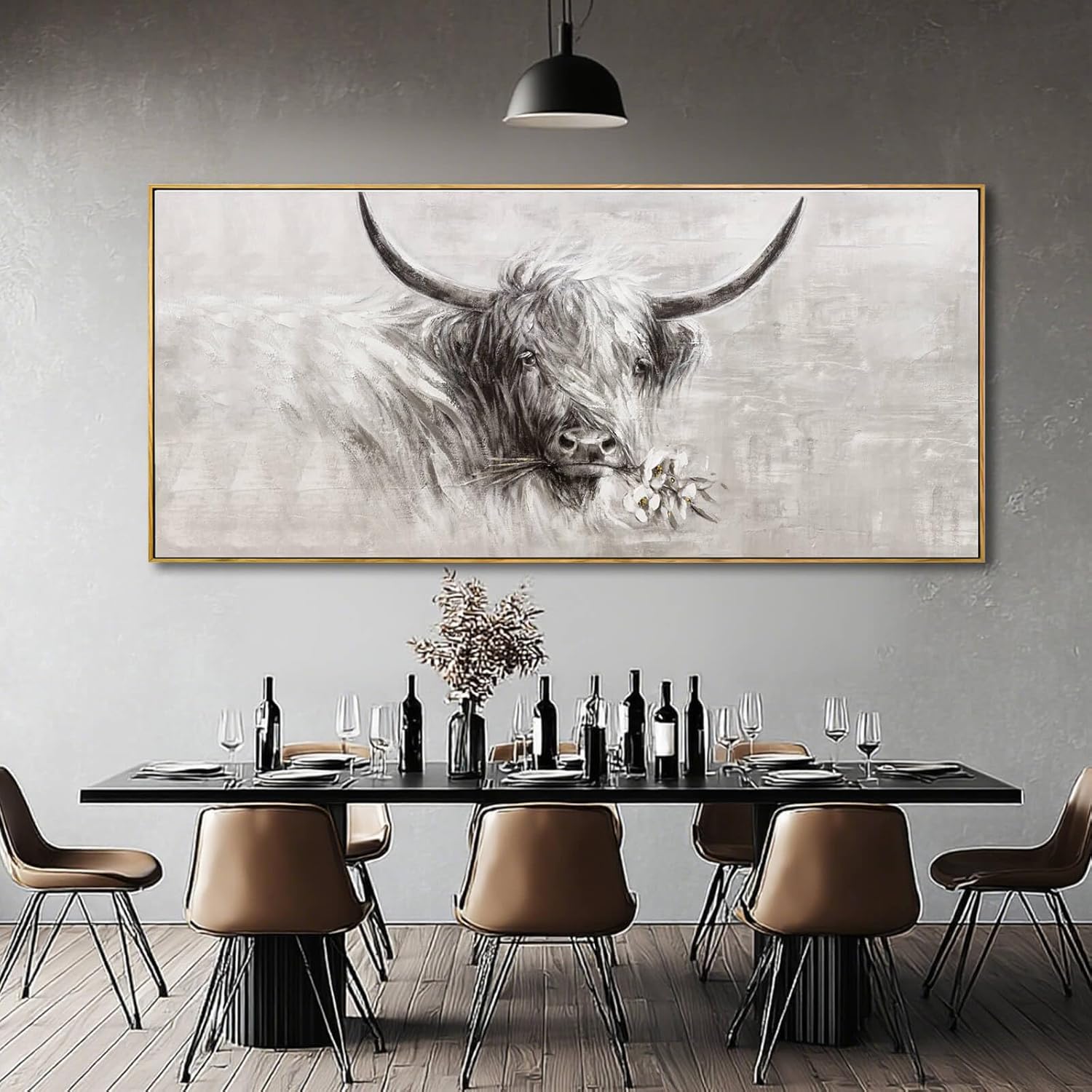 MLART99 Extra large Elegant Cow Canvas Animal Wall Art White and Grey Posters with Floral Gold Ox Print - 32x70 Inch Modern Home Decor for Living Room Entryway