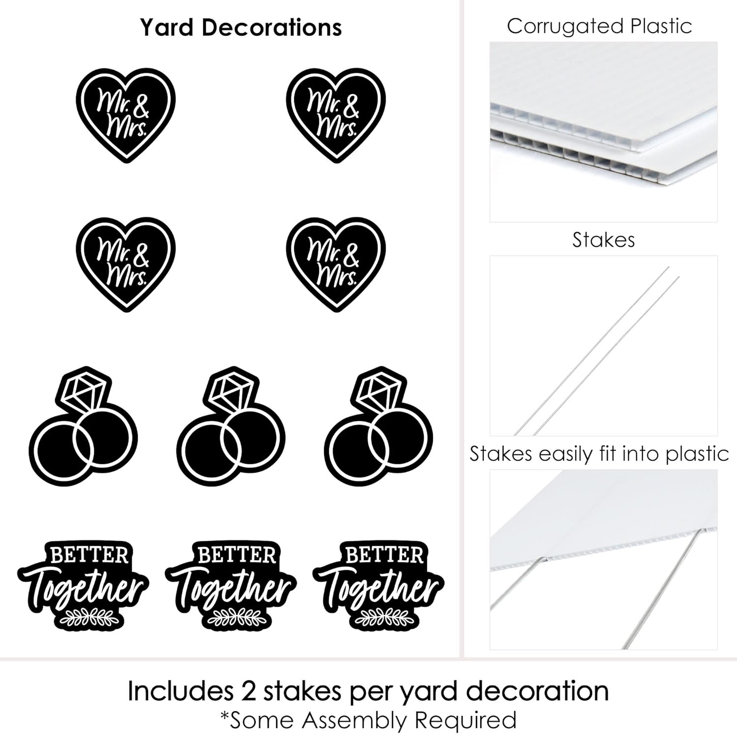 Big Dot of Happiness Mr. and Mrs. - Heart and Rings Lawn Decorations - Outdoor Black and White Wedding or Bridal Shower Yard Decorations - 10 Piece