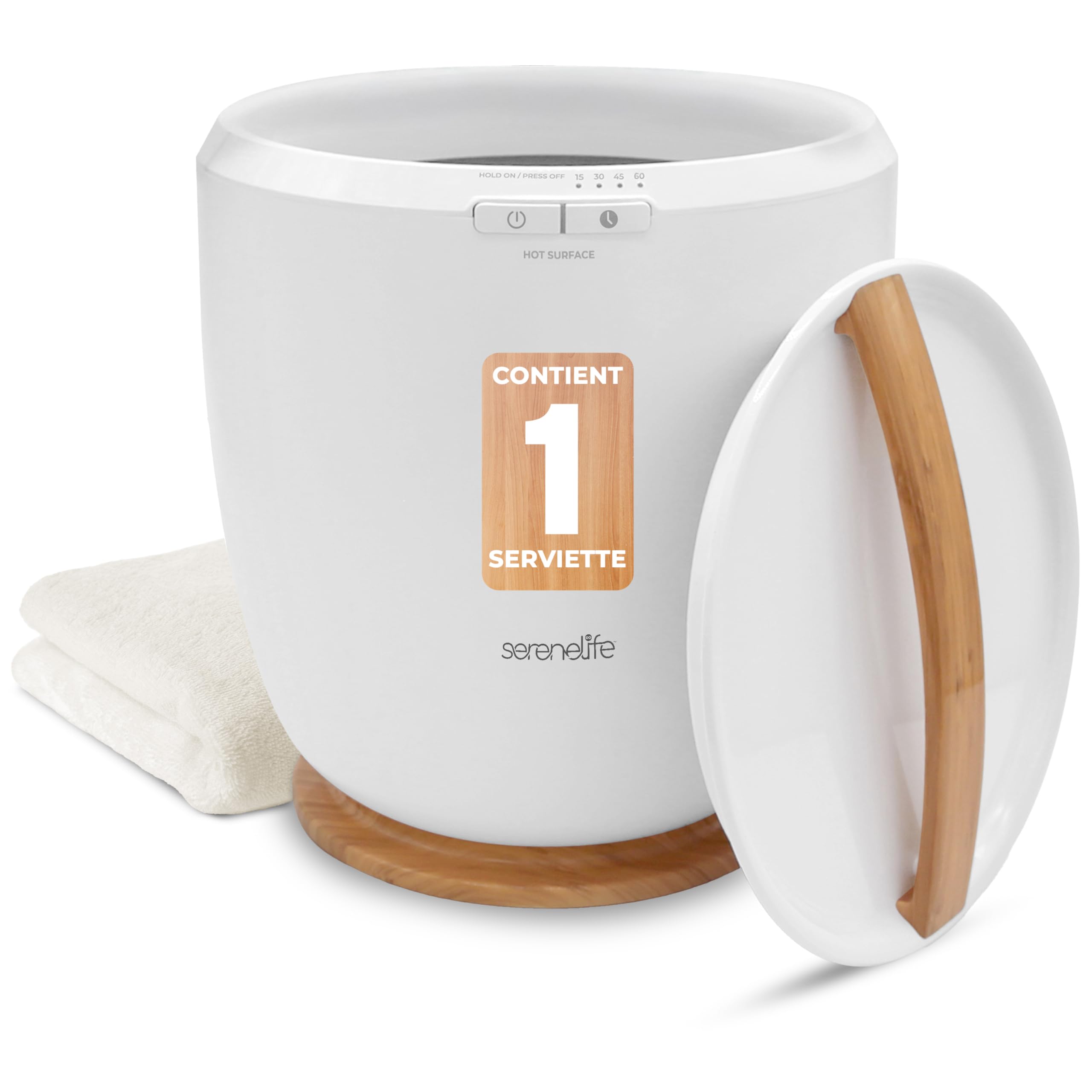 SereneLife Chauffe-Serviettes de Luxe pour Salle de Bain – Seau Chauffant avec Arrêt Automatique et Support pour Disque Parfumé – Chauffe 1 Grande Serviette – Design Compact ABS Naturel