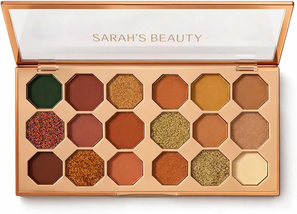 Paleta de Sombras Sarah's Beauty, 18 Cores, Tons Quentes e Glitter, Acabamento Matte e Shimmer