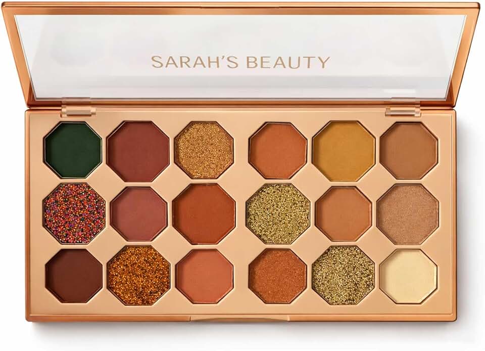 Paleta de Sombras Sarah's Beauty, 18 Cores, Tons Quentes e Glitter, Acabamento Matte e Shimmer