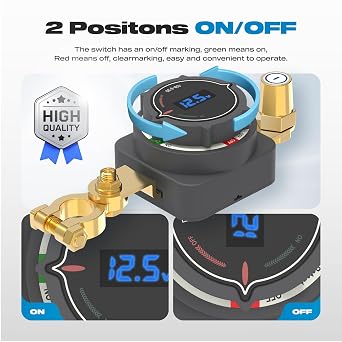 Battery Disconnect Switch with Digital Voltage Display, Malictele On/Off DC 5-80V 250A Top Post Master Kill Switch Waterproof Power Cut Isolator for Car, Truck, RV, Marine Boat, Camper & Trailer