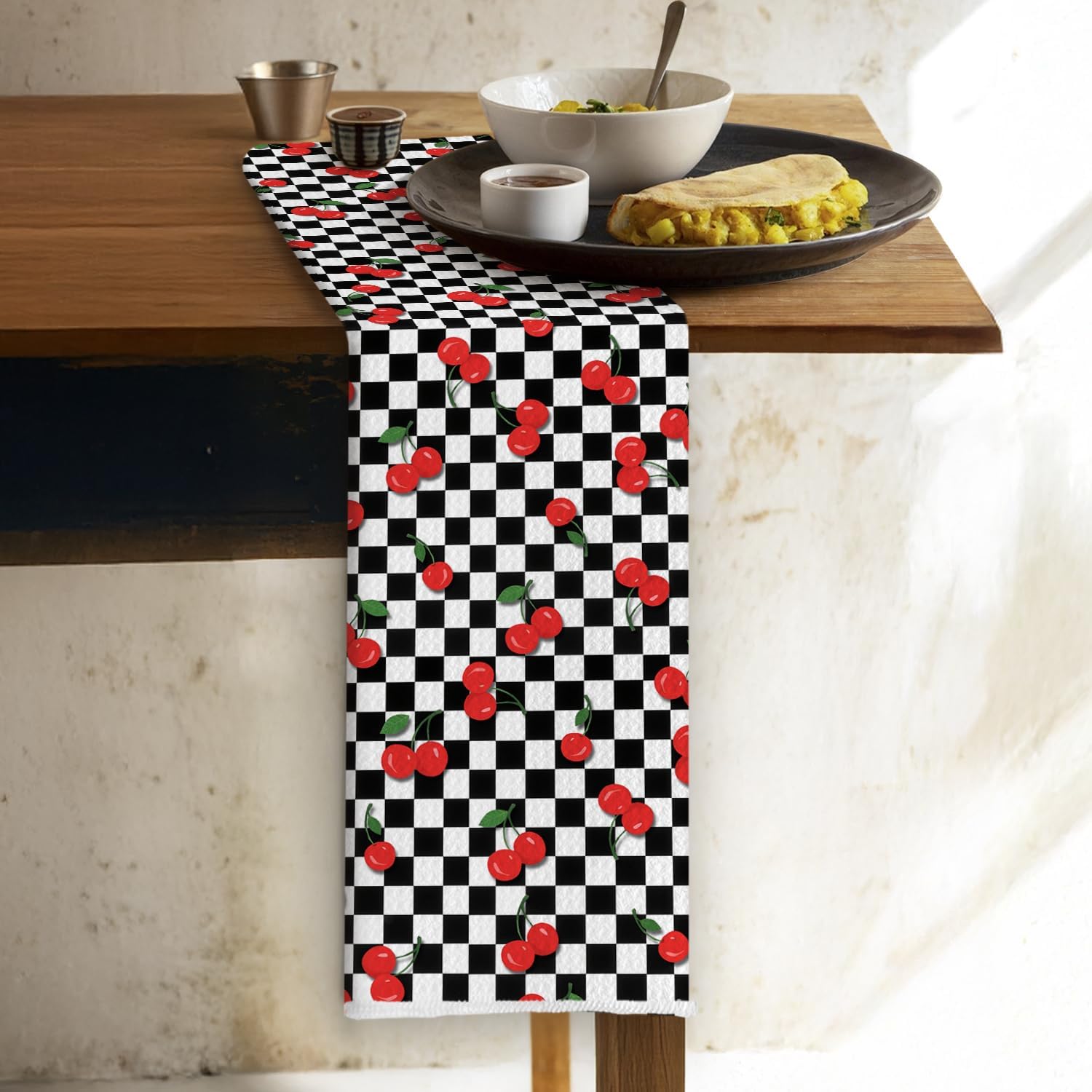 Black and White Checkered Cherry Kitchen Towels, Cherry Gifts Dish Tea Towels, Retro Trendy Checkerboard Cherries Fruit Decorative Hand Towel for Kitchen Bathroom, 16x24 Inch - Image 3
