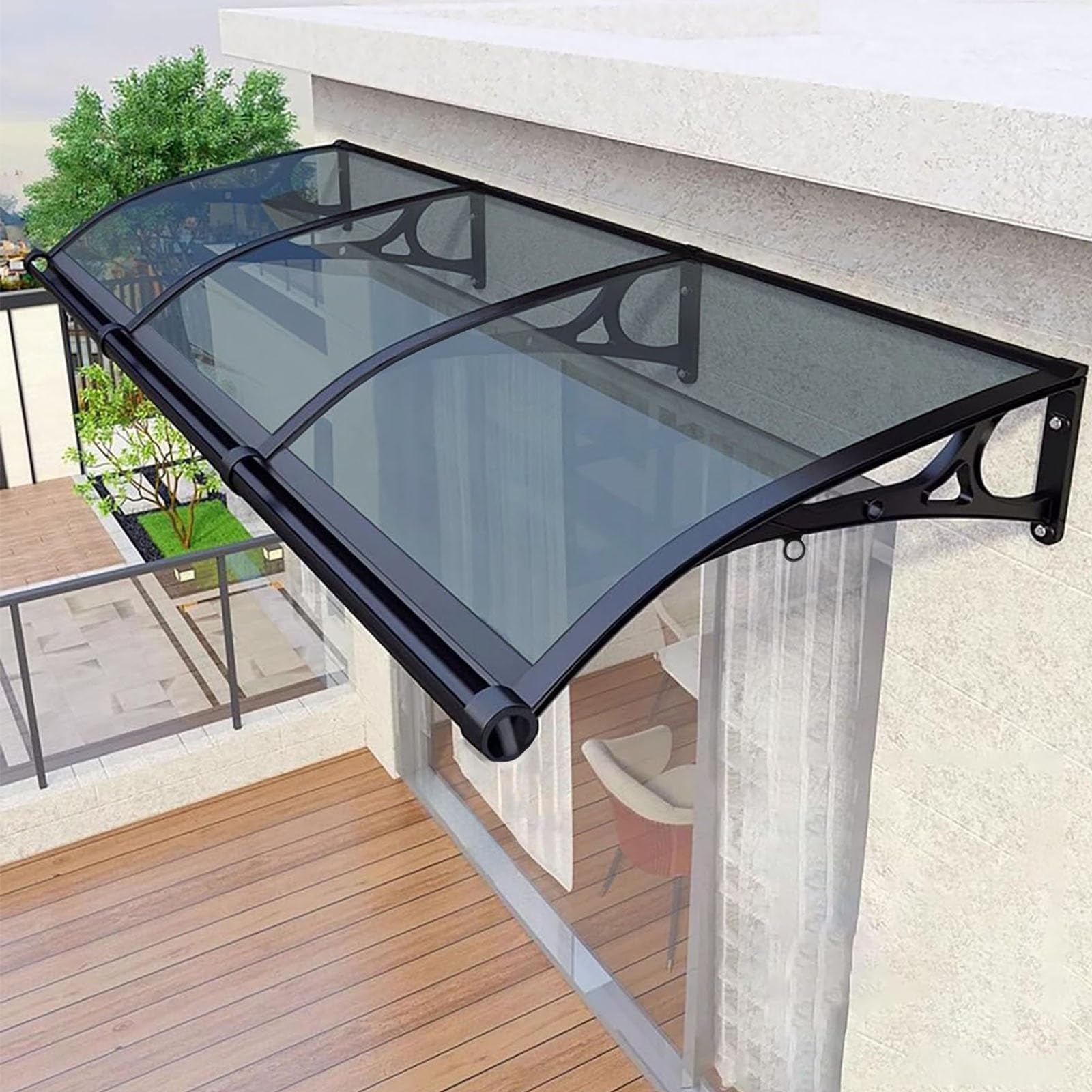 Baldacchino impermeabile con staffa in alluminio, protezione UV e pioggia, per veranda e terrazza, copertura in policarbonato, grigio, 100 x 400 cm