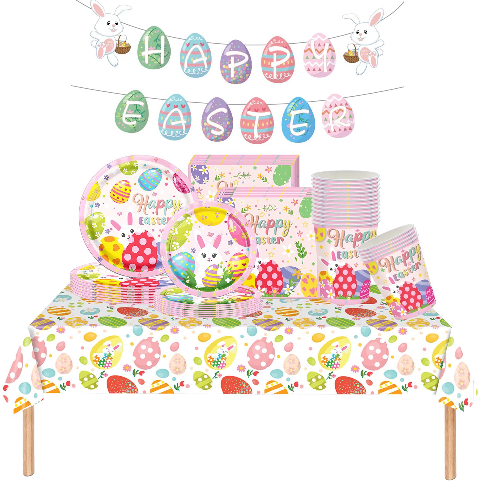 Easter Party Tableware Set 70pcs Easter Themed Party Paper Plates Napkins Tablecloth Easter Party Supplies,Colourful Easter Egg and Rabbit Table Decorations Easter Party Pack Bundle Dinner Dessert