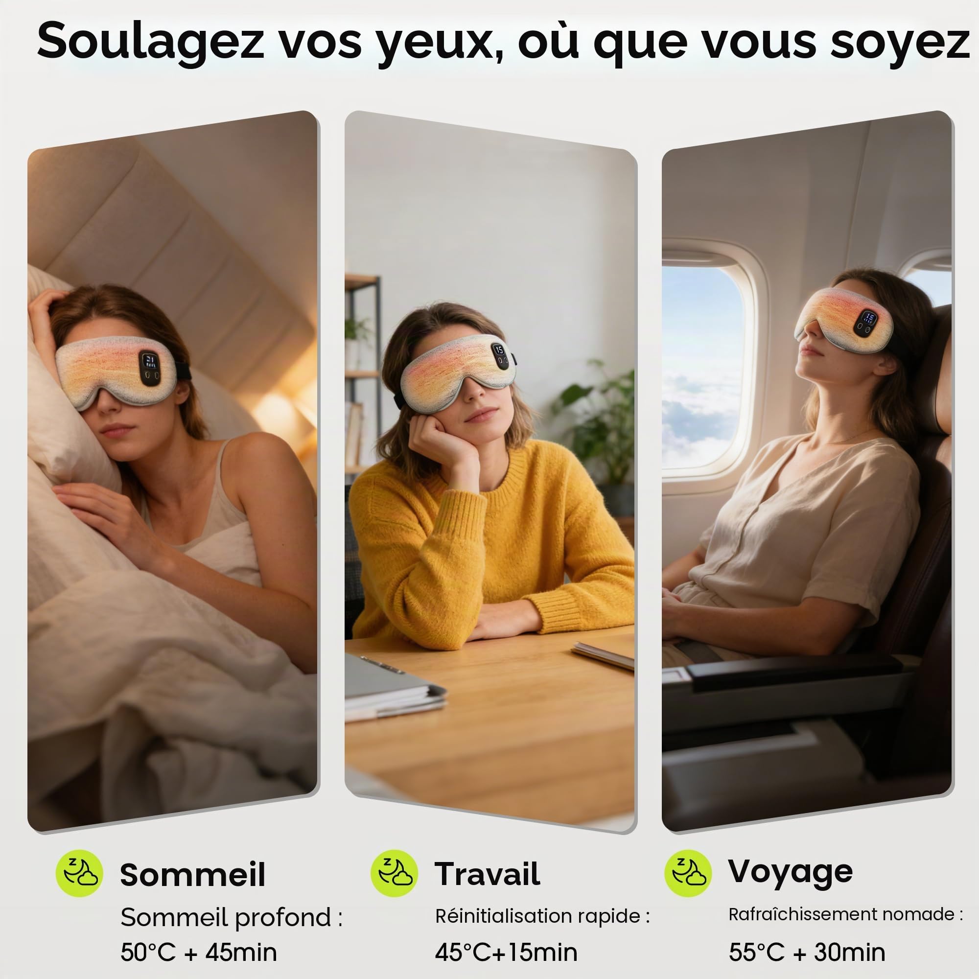 Masque chauffant BOYUNSHI sans fil pour les yeux secs, traitement de la blépharite, soulagement des yeux, améliore le sommeil, 4 niveaux de chaleur et 4 minuteries, coussin chauffant lavable pour les