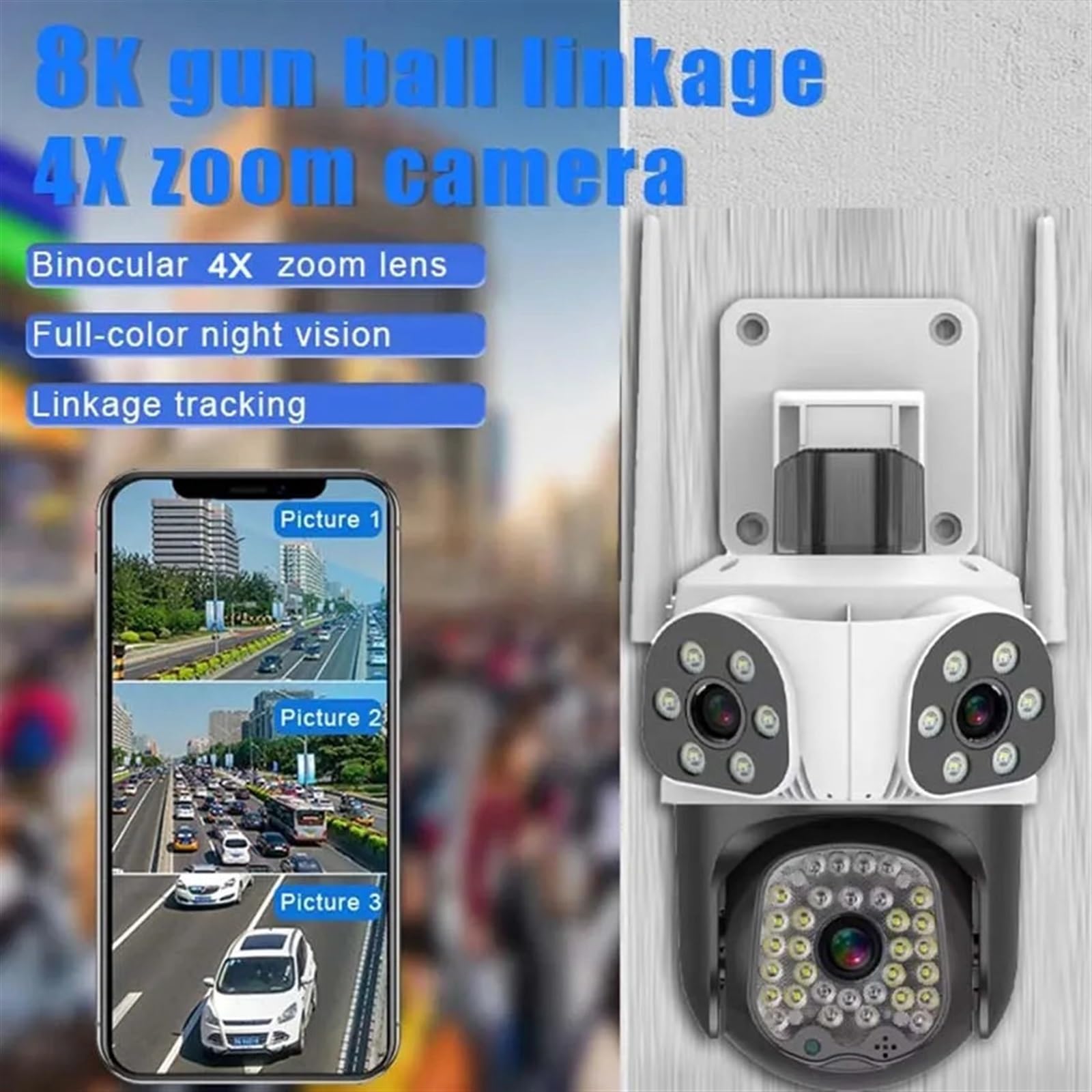 Kamera bezpieczeństwa, Kamera IP 15MP 8K Trzyobiektywowa zewnętrzna kamera PTZ 4X Zoom AI Śledzenie Kamery monitorujące Inteligentna ochrona bezpieczeństwa CCTV(15MP Camera Add 128G)