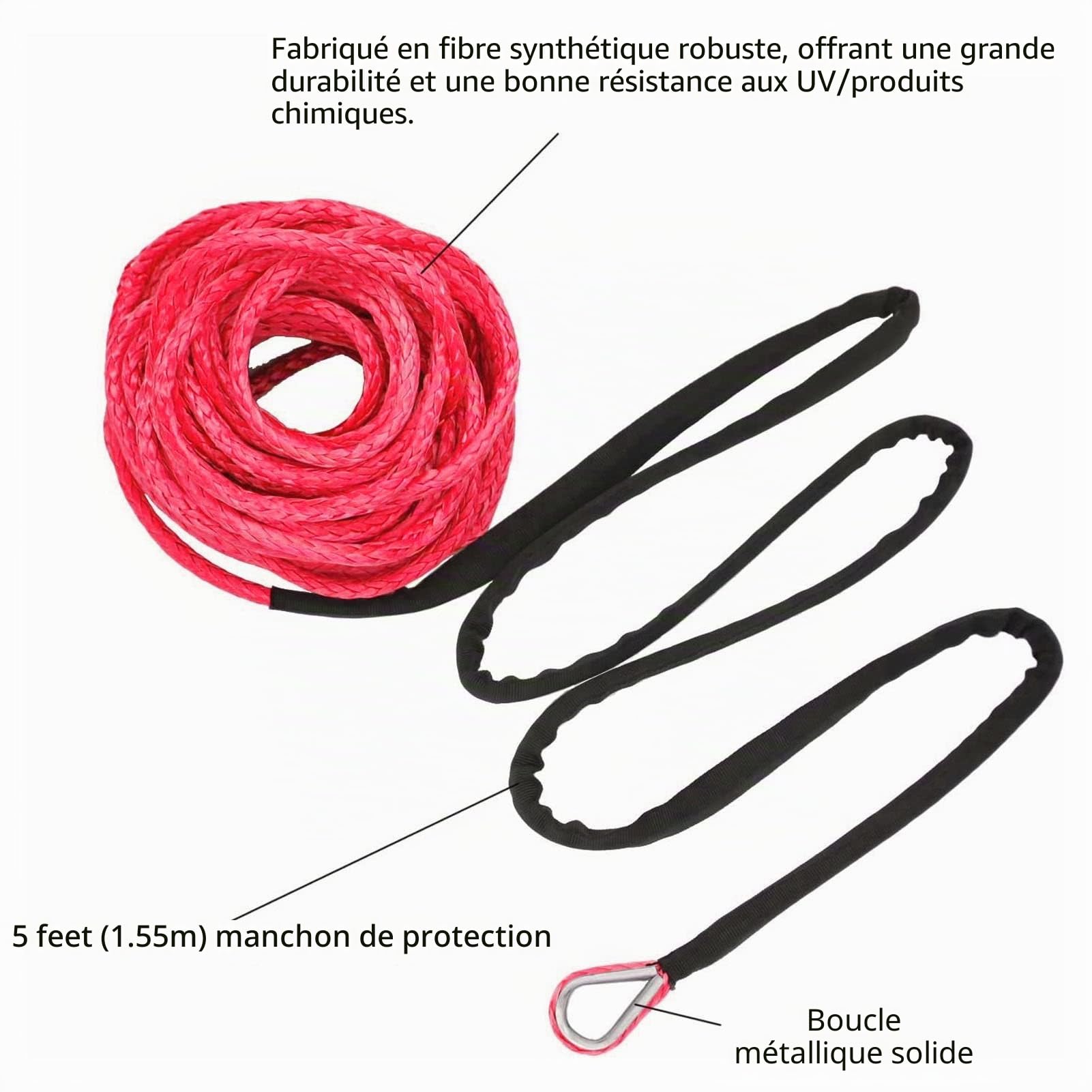KIMISS Sangle de Câble de Remorquage de Voiture, Câble de Treuil 4,8 Mm X 15 M en Fibre Synthétique 5500 Lbs Résistance à la Rupture étanche pour Remorque ATV UTV(Rouge)