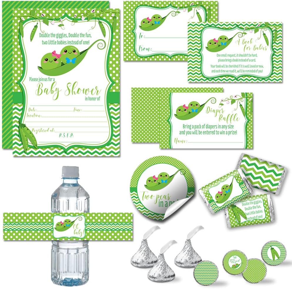 Two Peas in a Pod Twin Boy and Girl Baby Shower Party Bundle Includes 20 each of Invitations with Envelopes + 4 Different Sizes of Decorative Stickers, Diaper Tickets & Bring a Book Cards